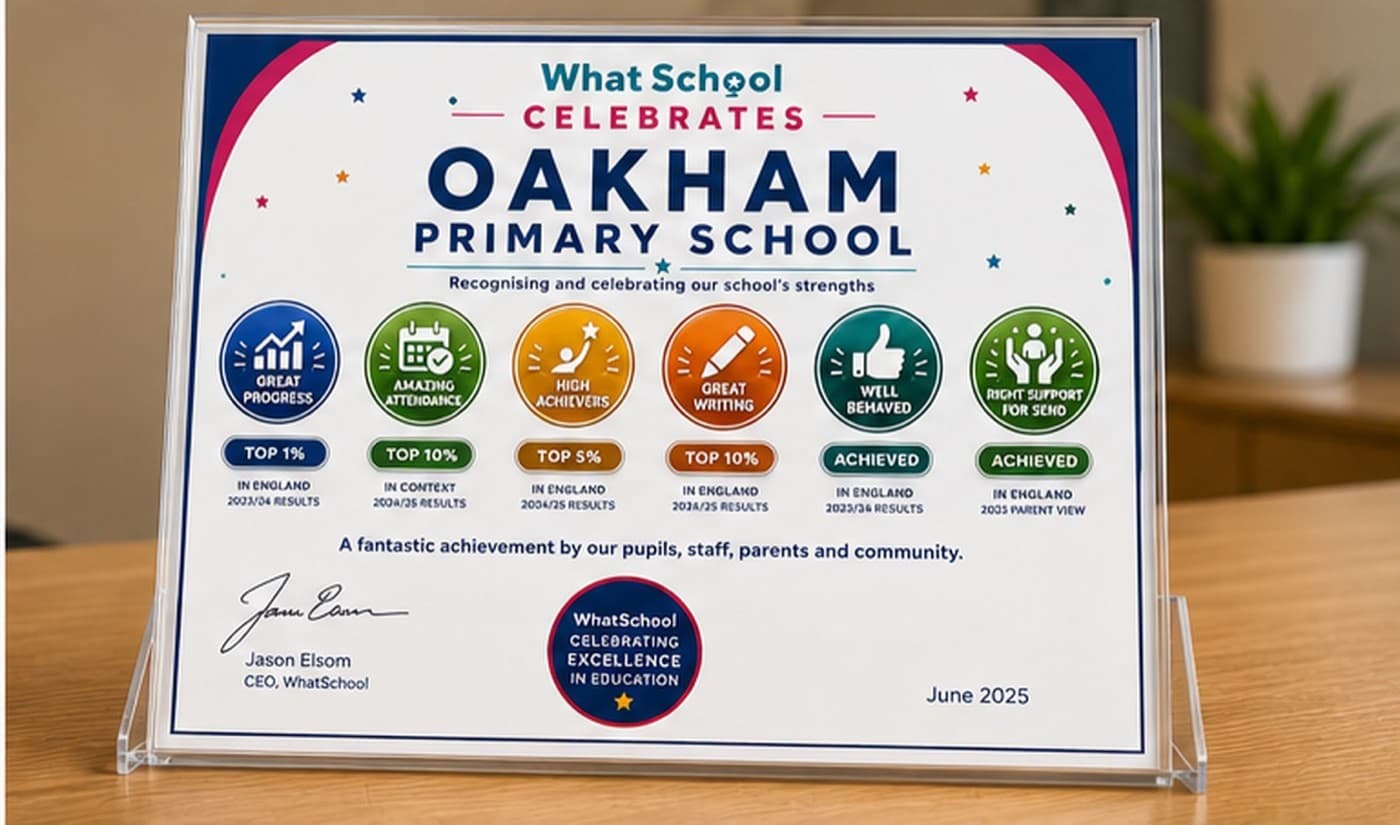A framed WhatSchool Celebrates certificate on a school reception desk