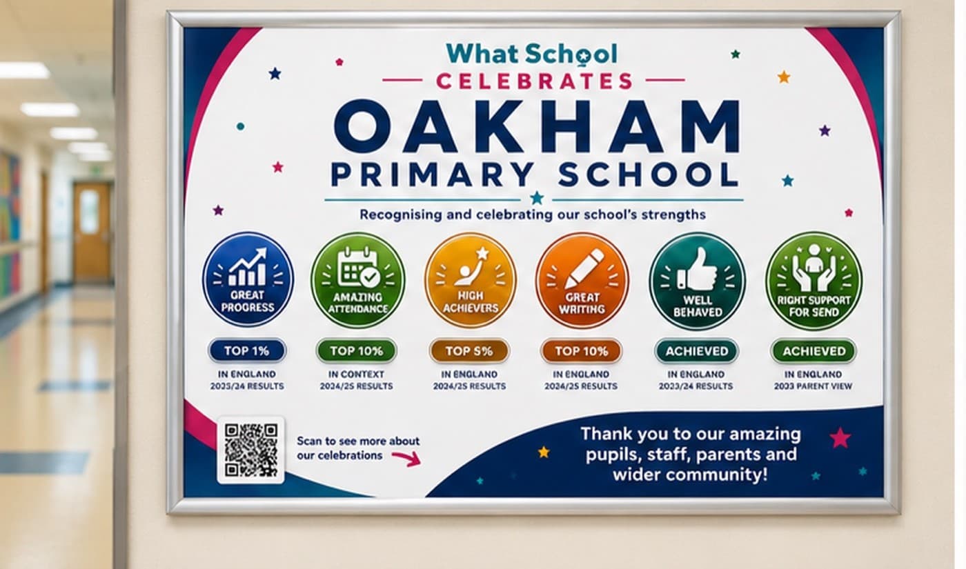 A WhatSchool Celebrates A3 poster on a school noticeboard