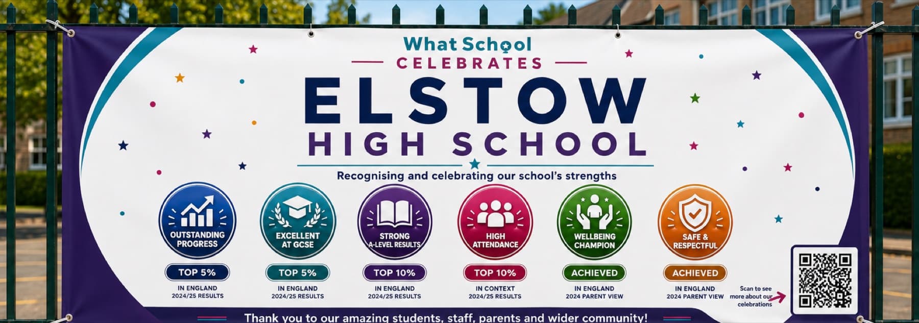 A WhatSchool Celebrates school-gate banner for a secondary school