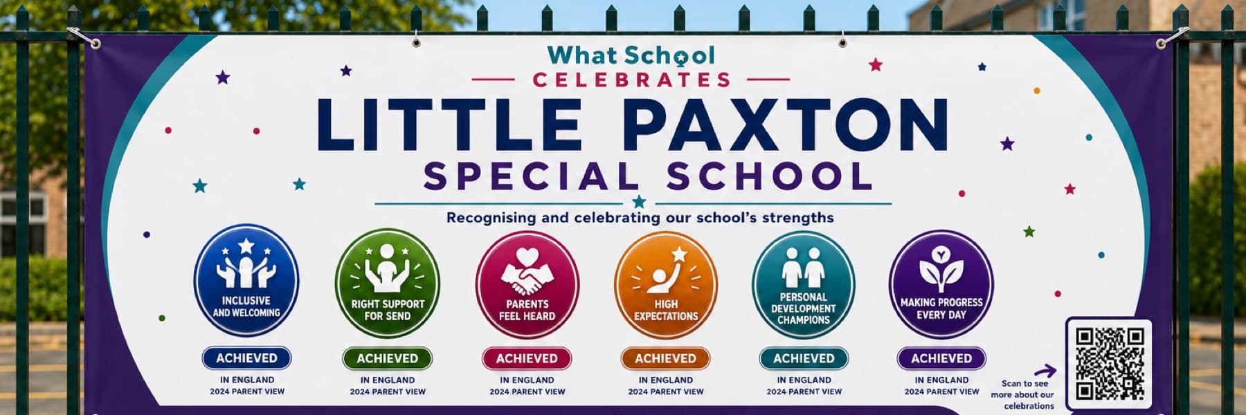 A WhatSchool Celebrates school-gate banner for a special school