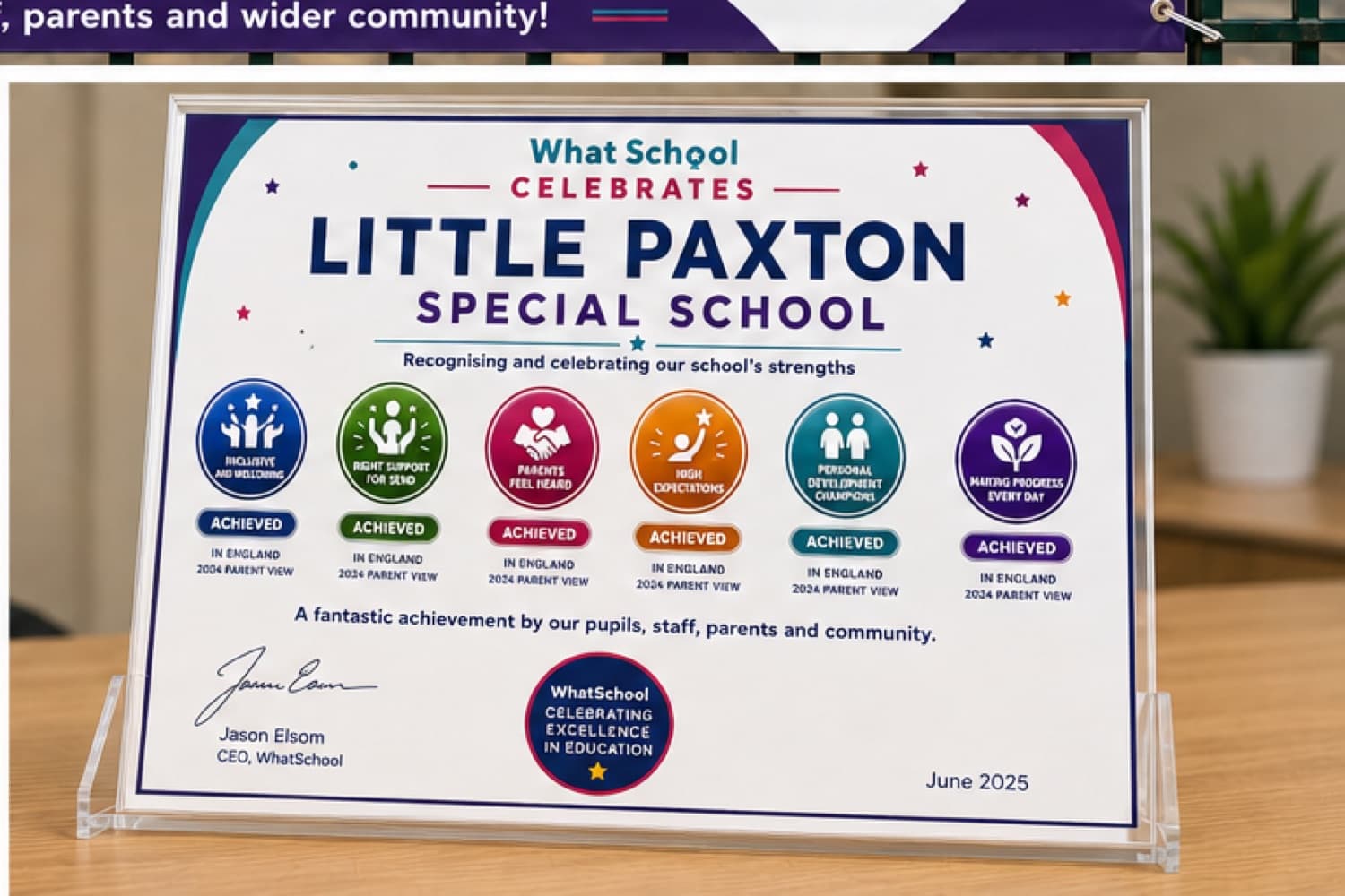 A framed WhatSchool Celebrates certificate for a special school