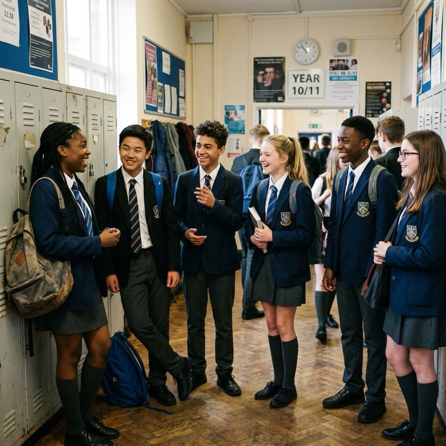Students moving through a bright school hallway between lessons