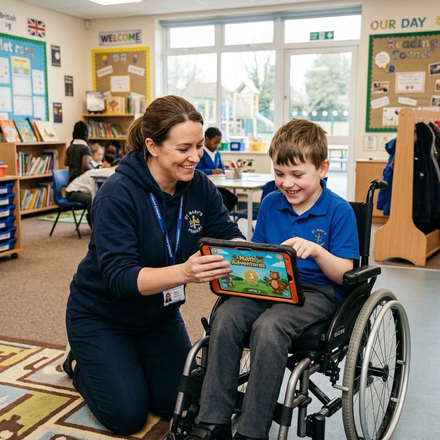 A teacher and pupil sharing a learning game on a tablet